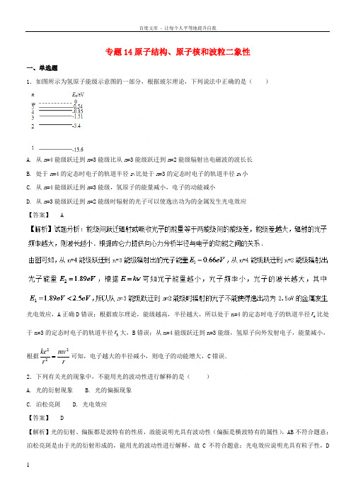 2017年高考物理试题分项版汇编系列专题14原子结构原子核和波粒二象性(含解析)