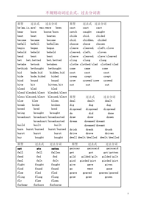 不规则动词过去式、过去分词表