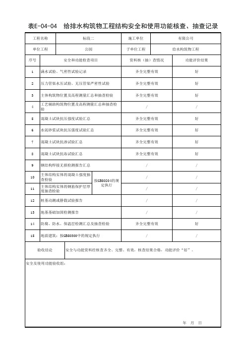 给排水构筑物工程工程结构安全和使用功能核查、抽查记录