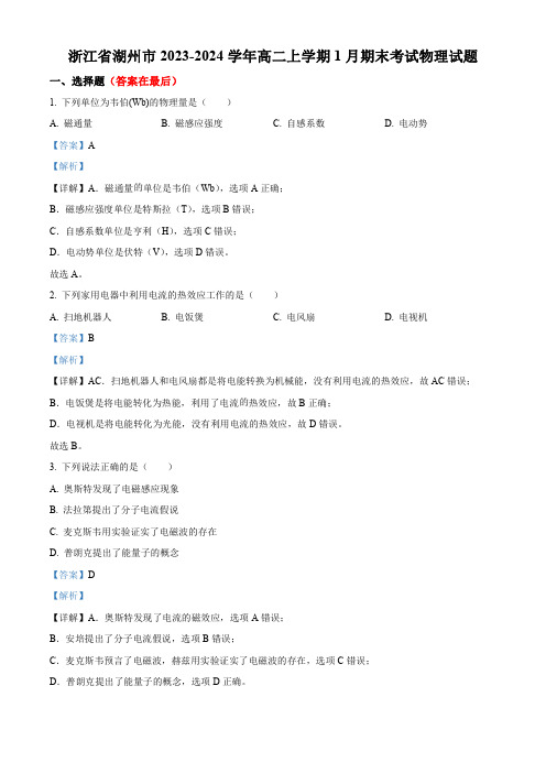 浙江省湖州市2023-2024学年高二上学期1月期末考试物理试题含答案