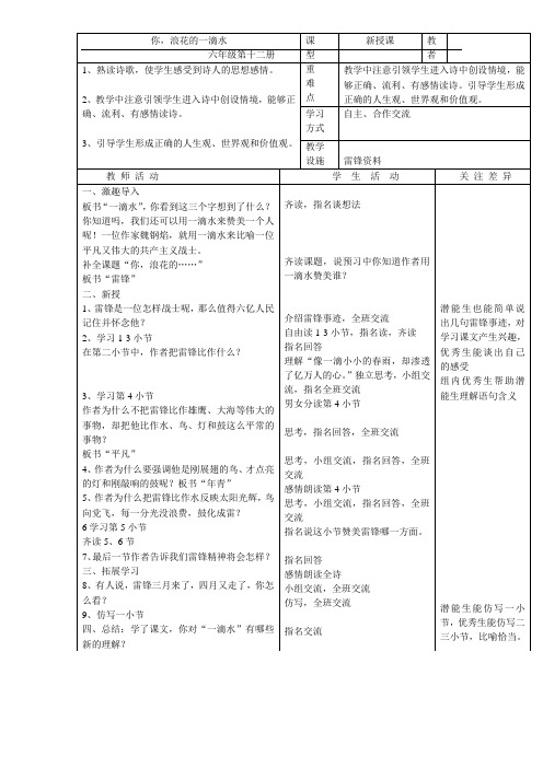 北师大版语文第十二册《你,浪花的一滴水》word表格式教学设计