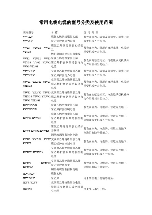 常用电线电缆的型号分类及使用范围