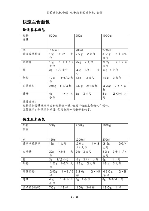 美的面包机食谱 电子版美的面包机 食谱