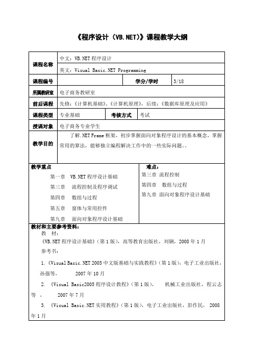 程序设计(VBNET)课程教学大纲