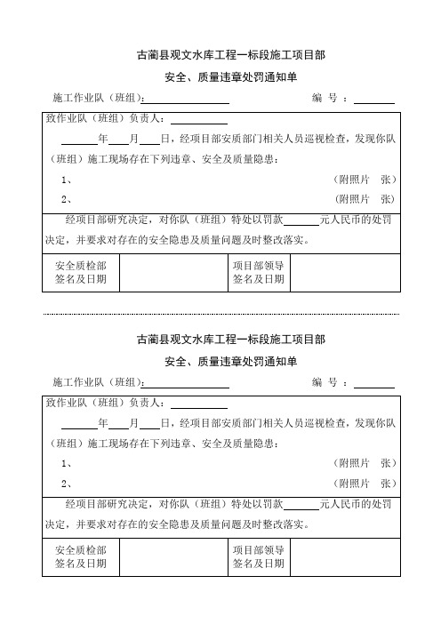 安全、质量违章处罚通知单