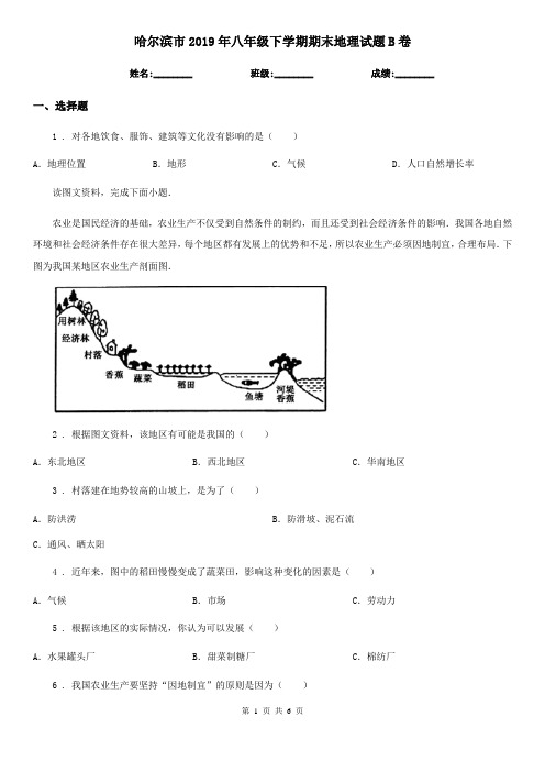 哈尔滨市2019年八年级下学期期末地理试题B卷