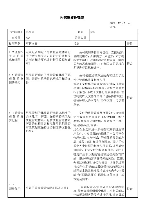 最新办公室内部审核检查表【范本模板】