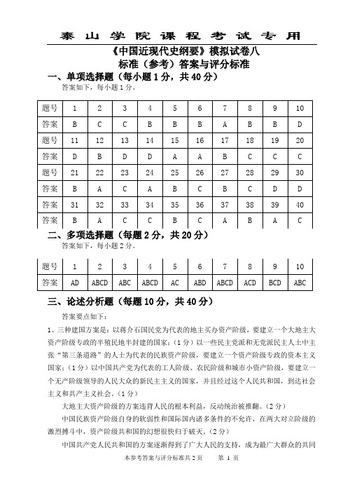 泰山学院近代史纲要模拟题答案8