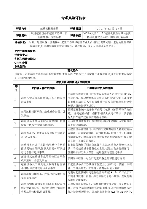 电厂专项风险评估表(起重机械及吊具)