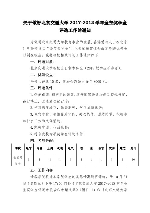 关于做好北京交通大学20172018学年金宝奖学金