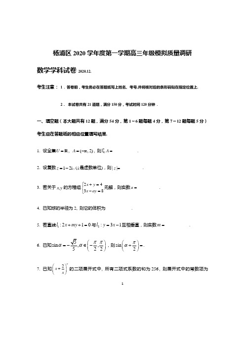 2020杨浦区2020学年度第一学期高三年级模拟质量调研附答案