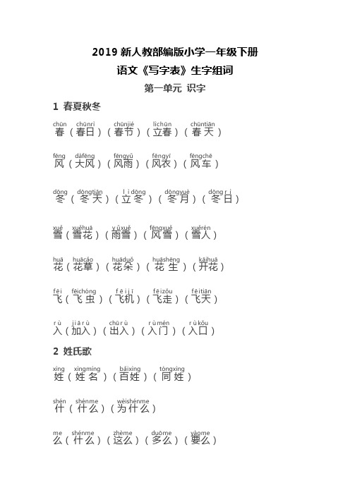 (完整版)部编版一年级下册语文《写字表》生字组词带拼音