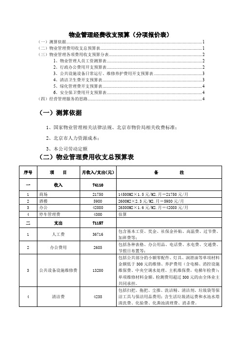 物业管理经费收支预算(分项报价表)