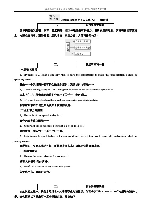 高考英语二轮复习英语练酷版练习：专题六_应用文写作常见8大文体之演讲稿_word版含解析