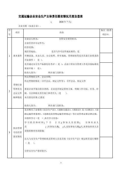 交通运输企业安全生产主体责任落实情况月度自查表