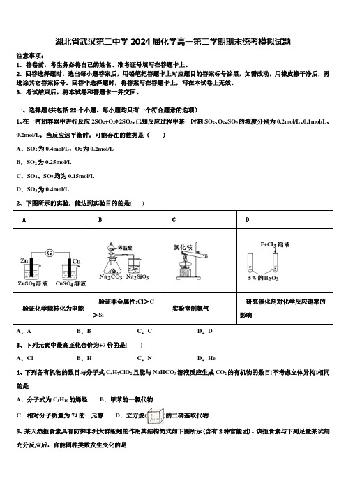 湖北省武汉第二中学2024届化学高一第二学期期末统考模拟试题含解析