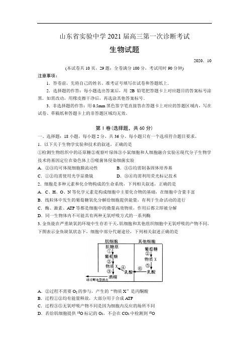 山东省实验中学2021届高三第一次诊断考试(10月)生物试题 Word版含答案