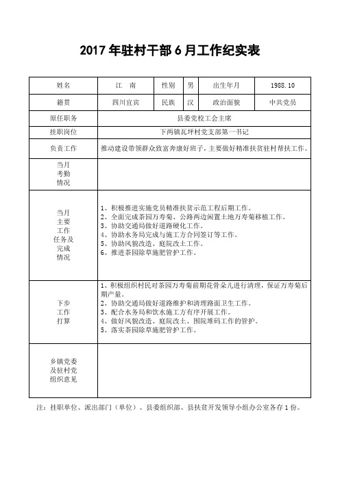 2016年驻村干部6月工作纪实表