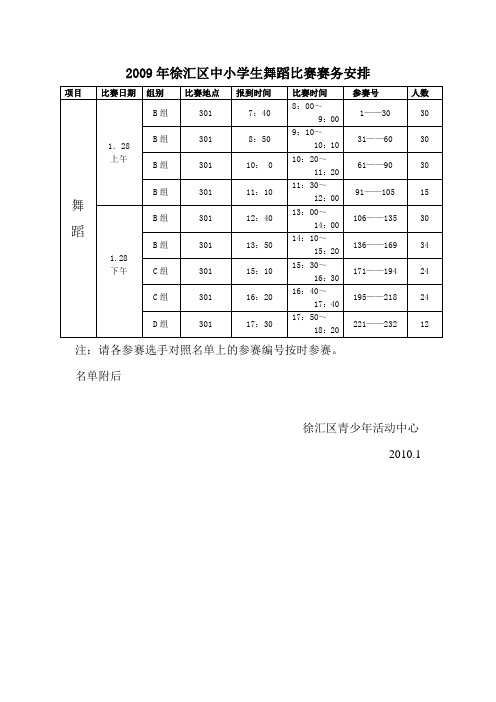 2009年徐汇区中小学生舞蹈比赛赛务安排