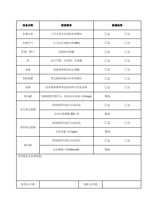 纯化水系统日常检查记录