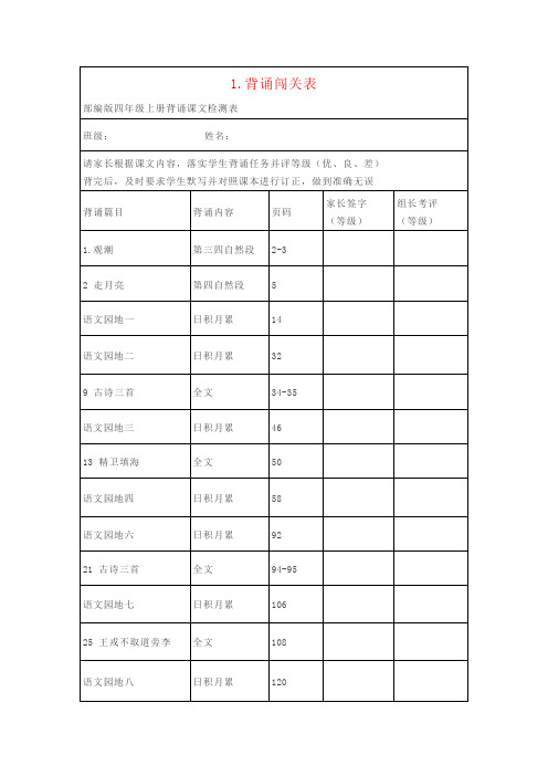 【强烈推荐】部编版四年级语文上册课文背诵闯关表及必背内容