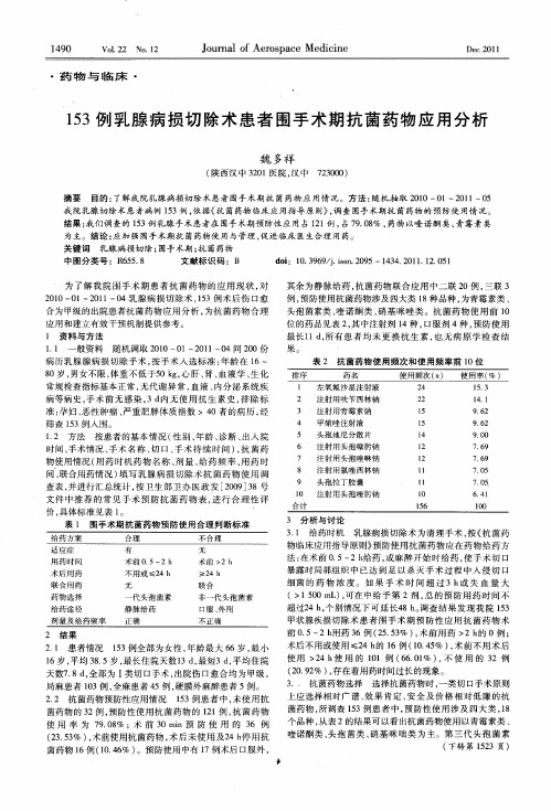 153例乳腺病损切除术患者围手术期抗茵药物应用分析