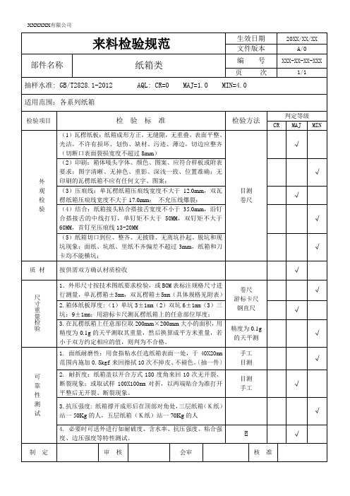 纸箱类进料检验标准