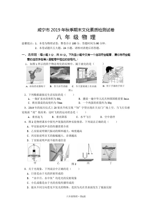 湖北咸宁2019-2020学年度年第一学期八年级期末物理试卷及答案