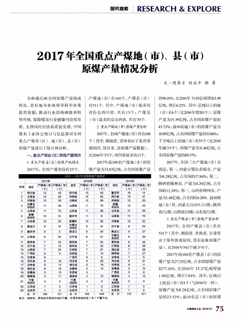 2017年全国重点产煤地(市)、县(市)原煤产量情况分析