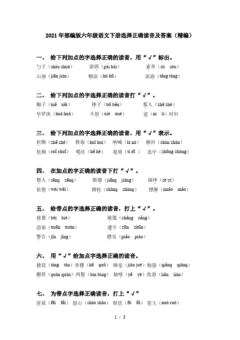 2021年部编版六年级语文下册选择正确读音及答案(精编)