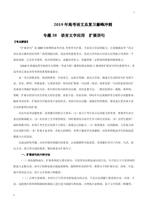 专题38 语言文字应用   扩展语句-2019年高考语文总复习巅峰冲刺(原卷版)