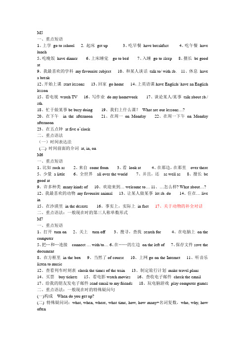 外研新版七年级 上M5-10重点词组