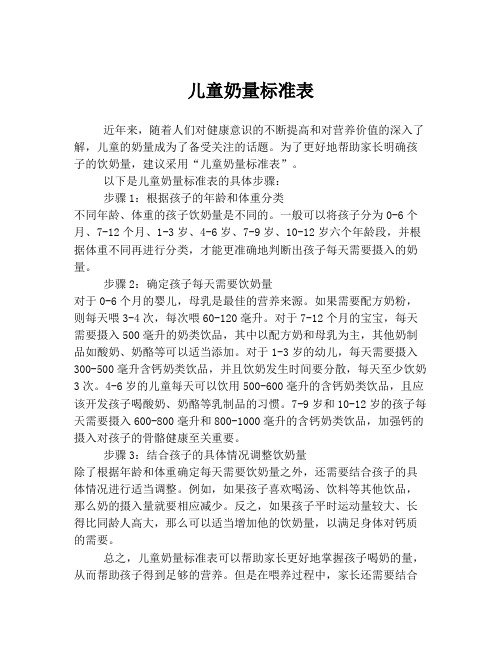 儿童奶量标准表