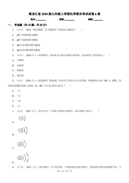 黑龙江省2020版九年级上学期化学期末考试试卷A卷(模拟)