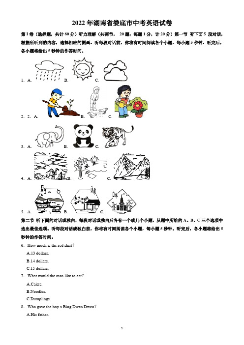 2022年湖南省娄底市中考英语试题(含答案解析)