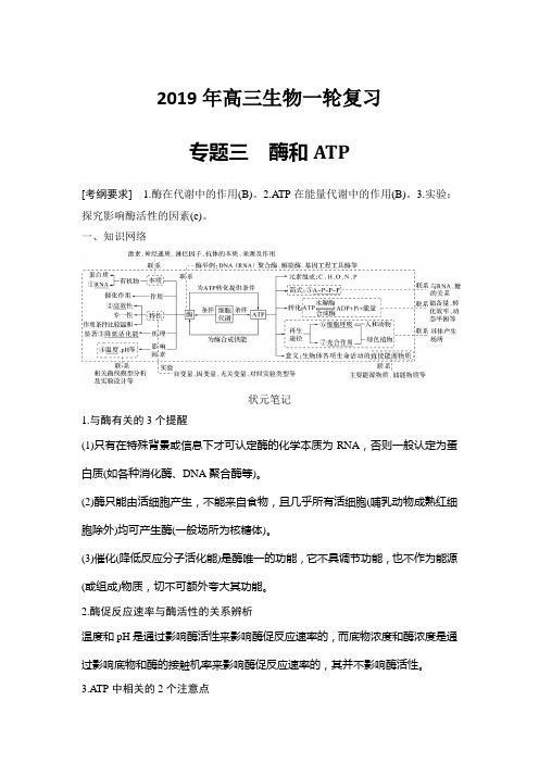 2019年高三生物一轮复习教学案 专题三 酶和ATP酶和ATP