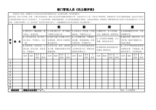 部门管理人员《民主测评表》