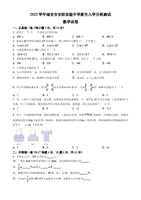 浙江温州瑞安市安阳实验中学2023-2024学年下学期七年级小升初新生入学分班测试数学试题(含答案)