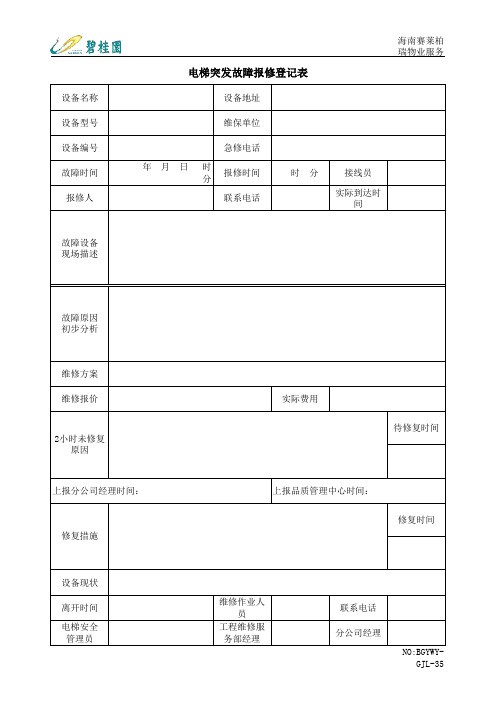 电梯突发故障报修登记表