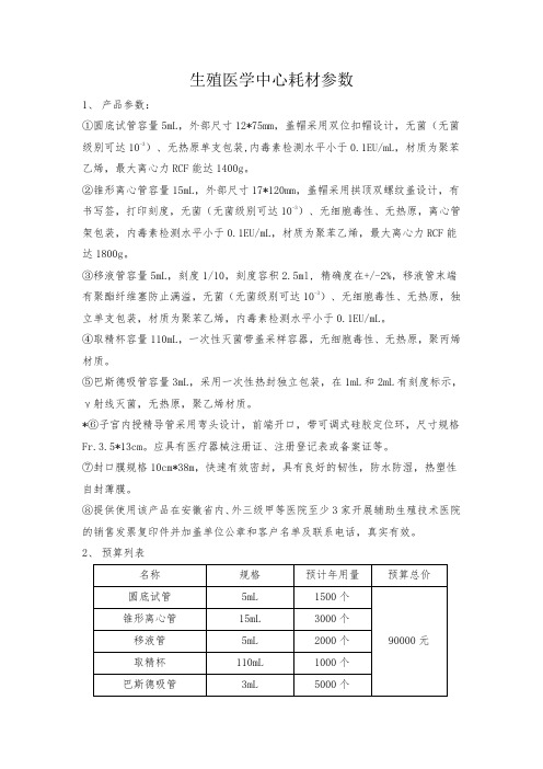 生殖医学中心耗材参数