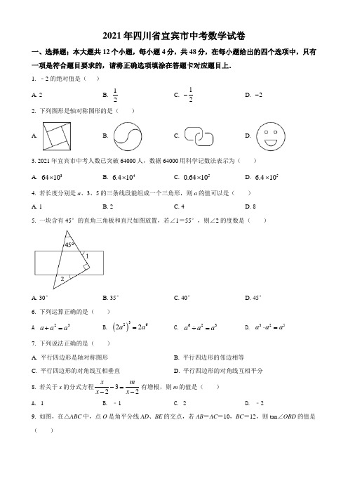 四川省宜宾市2021年中考数学真题试题(Word+答案+解析)