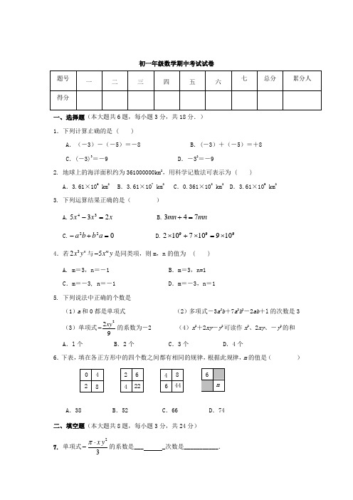 2018-2019学年七年级上期中考试数学试题及答案