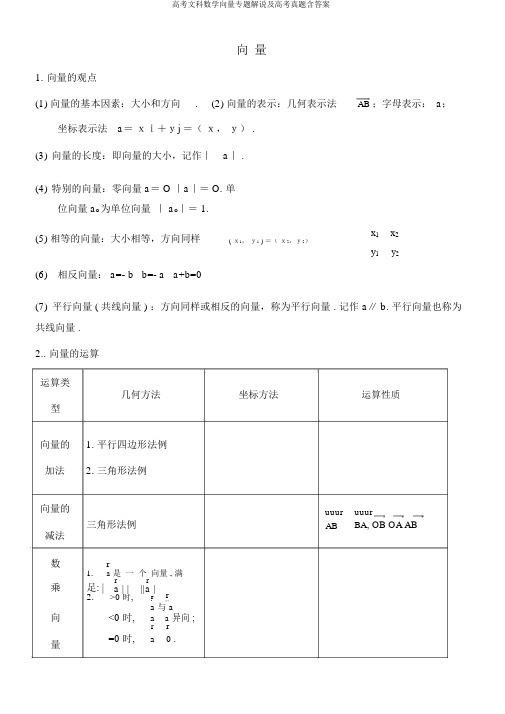 高考文科数学向量专题讲解及高考真题含答案