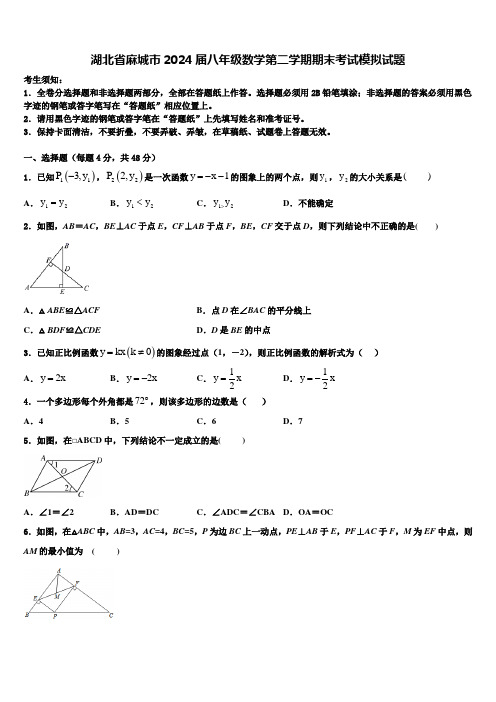 湖北省麻城市2024届八年级数学第二学期期末考试模拟试题含解析