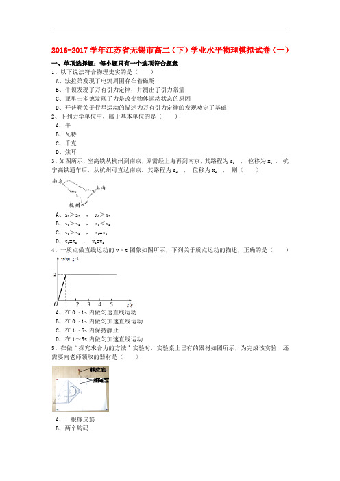 江苏省无锡市高二物理下学期学业水平模拟试题(一,含解析)