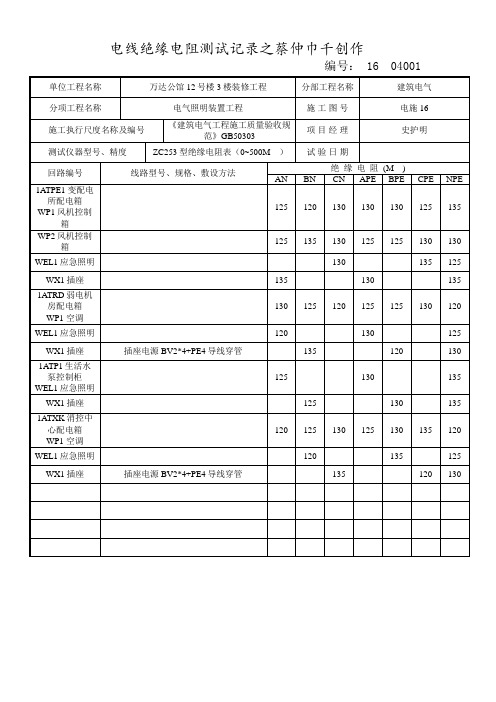 电线绝缘电阻测试记录