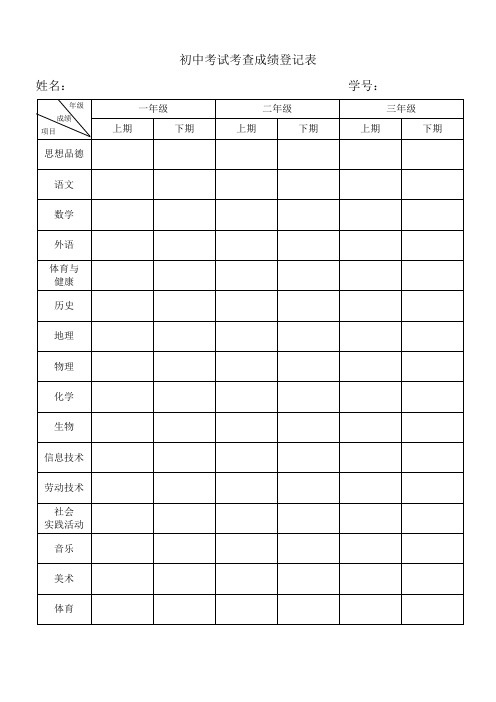 初中考试考查成绩登记表