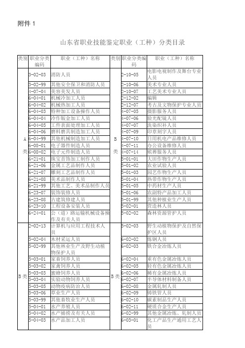 山东职业技能鉴定职业工种分类