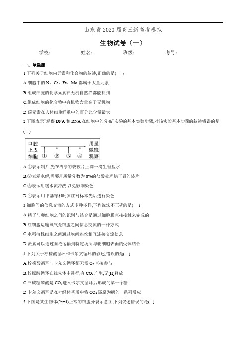 山东省2020届高三新高考模拟生物试卷(一)(有答案)