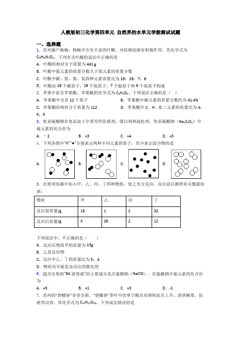 人教版初三化学第四单元 自然界的水单元学能测试试题